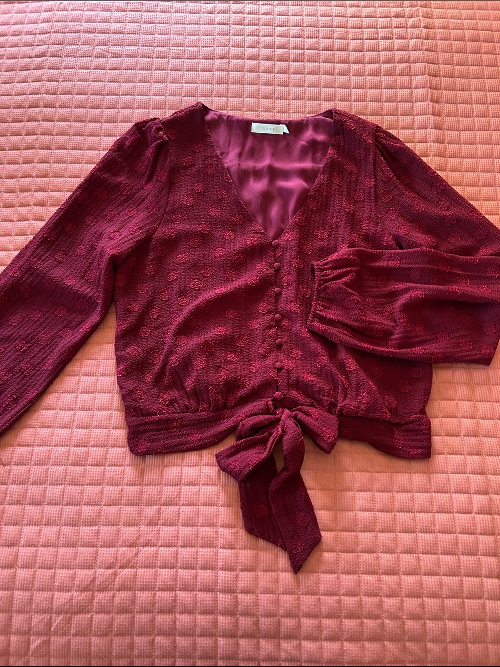 Lush Wine Red Textured Tie-Front Blouse